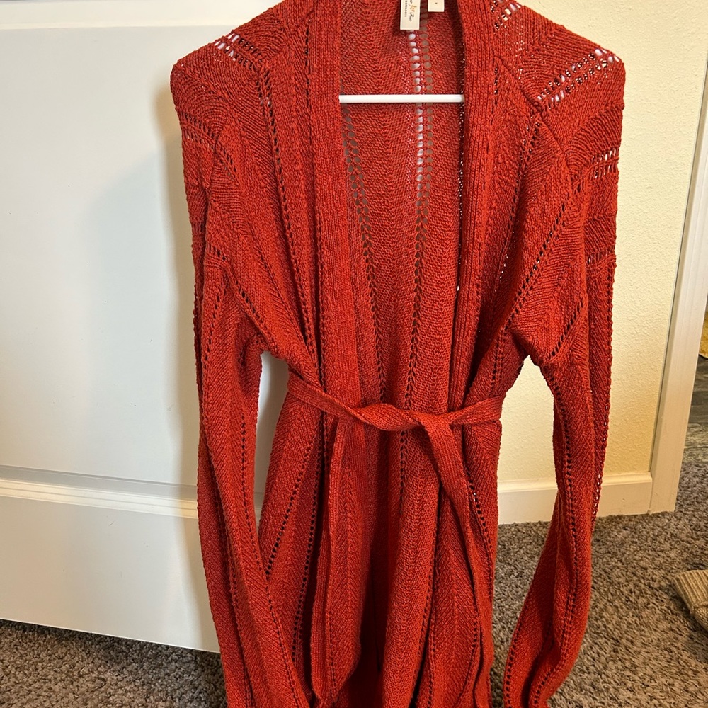 Meadow Rue Anthropologie Sweater Priscilla Pointelle Cardigan M Rust Red